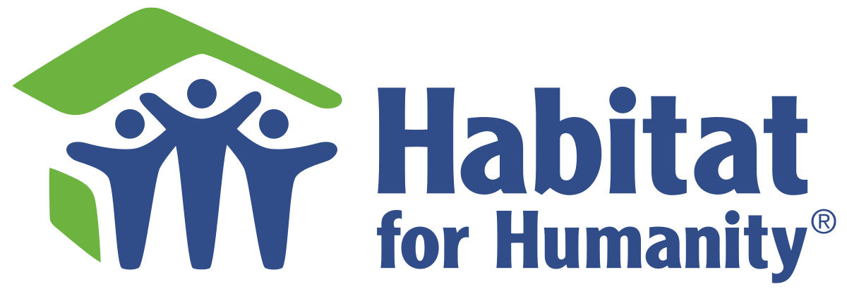 Habitat for Humanity logo with three blue human figures under a green and blue abstract roof, next to the text Habitat for Humanity.