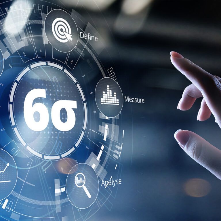 A hand reaches toward a digital interface displaying the Six Sigma symbol (6σ), surrounded by icons and text for stages like Define, Measure, and Apply, highlighting Lean Process Improvements against a blurred background.
