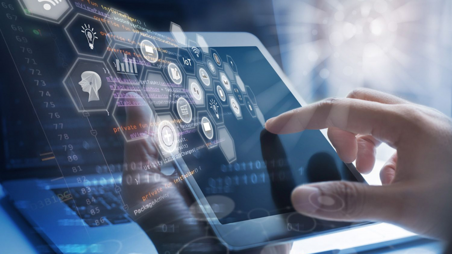 A person uses a tablet with digital icons and data graphics overlaid, representing technology, artificial intelligence, and digital communication concepts.