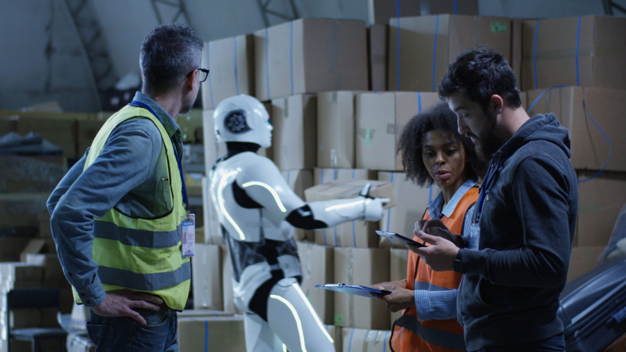 Three warehouse workers, two men and one woman, stand together with clipboards while a humanoid robot organizes cardboard boxes in the background. The setting appears to be an industrial storage area.