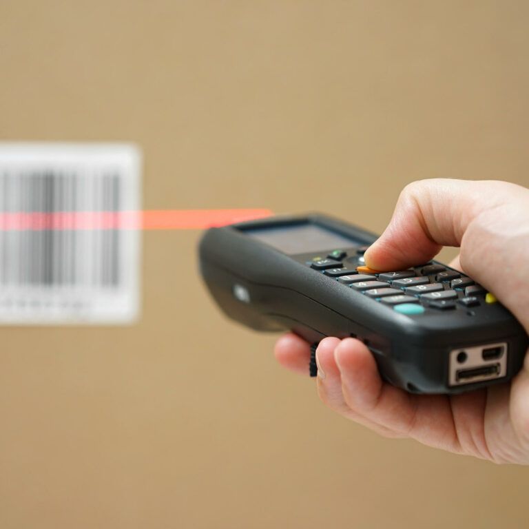 A hand holds a barcode scanner, using a red laser to scan a barcode on a cardboard box in the background.