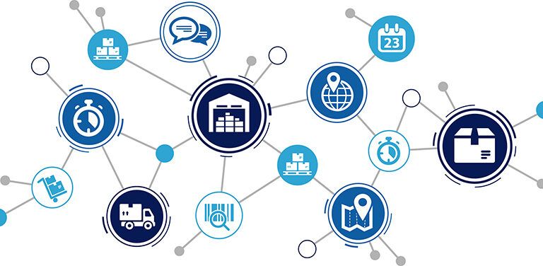 A network of interconnected blue and white icons representing logistics elements like warehouses, trucks, maps, and barcodes, symbolizing supply chain visibility and management.