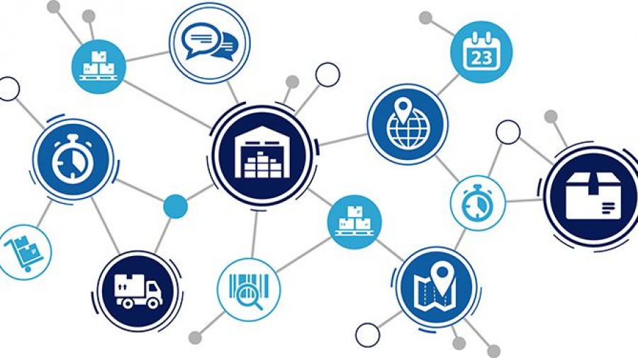 A network of interconnected blue and white icons representing logistics elements like warehouses, trucks, maps, and barcodes, symbolizing supply chain visibility and management.