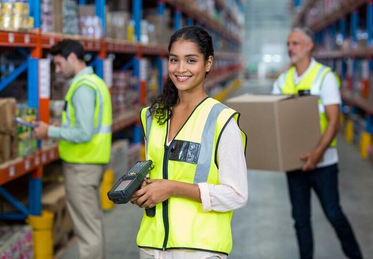 A smiling woman in a yellow safety vest holds a barcode scanner in a warehouse, while two colleagues work in the background, one with a clipboard and another carrying a box.