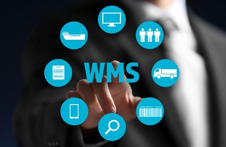 A person in a suit points at a transparent screen displaying WMS, surrounded by blue icons for shipping, people, a truck, and more—visually illustrating a warehouse management system case study.