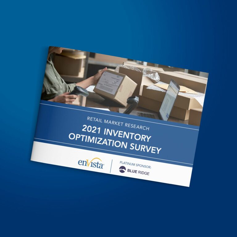 A booklet titled 2021 Inventory Optimization Survey with a photo of a person handling shipping boxes and using a laptop. The booklet features enVista and Blue Ridge logos on a blue background.