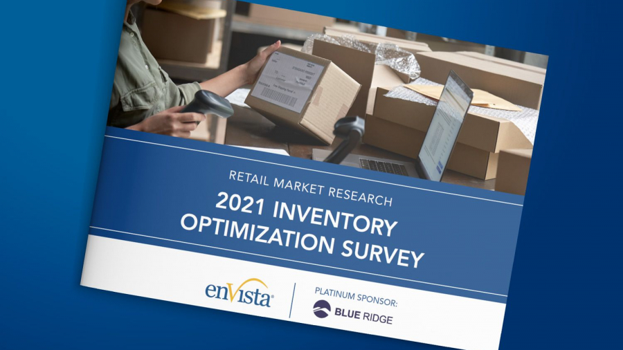 A booklet titled 2021 Inventory Optimization Survey with a photo of a person handling shipping boxes and using a laptop. The booklet features enVista and Blue Ridge logos on a blue background.
