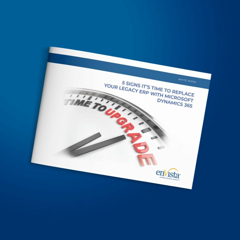 A white paper cover titled 5 Signs It’s Time to Replace Your Legacy ERP with Microsoft Dynamics 365 features a clock with the words TIME TO UPGRADE and the enVista logo on a blue gradient background.