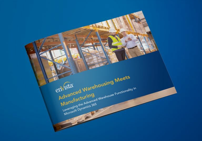 Booklet titled Advanced Warehousing Meets Manufacturing with a photo of two people in safety gear and hard hats inspecting a construction site, placed on a blue background.