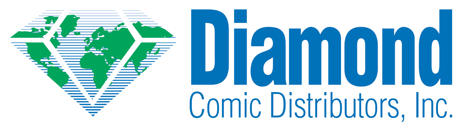 Logo of Diamond Comic Distributors, Inc. featuring a stylized diamond shape with a green world map inside and bold blue text reading Diamond Comic Distributors, Inc. to the right.