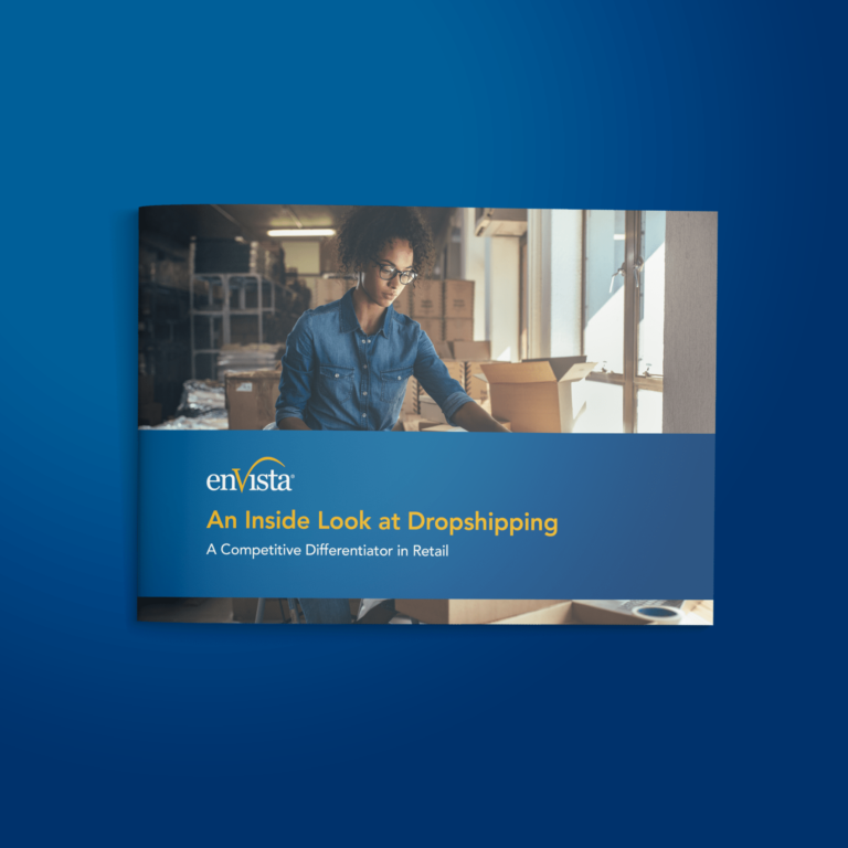 A woman stands at a worktable in a warehouse with boxes, featured on the cover of a booklet titled An Inside Look at Dropshipping: A Competitive Differentiator in Retail by enVista.