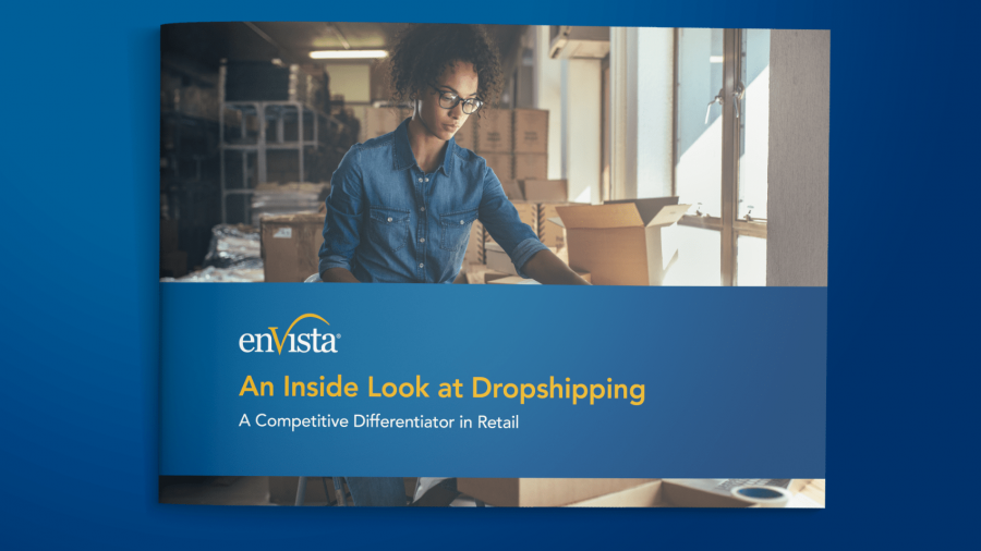 A woman stands at a worktable in a warehouse with boxes, featured on the cover of a booklet titled An Inside Look at Dropshipping: A Competitive Differentiator in Retail by enVista.