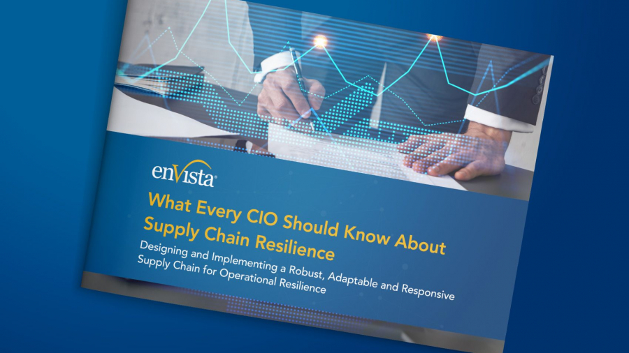 A brochure titled What Every CIO Should Know About Supply Chain Resilience by enVista, featuring a person writing on a tablet with digital graphs overlayed, on a blue gradient background.