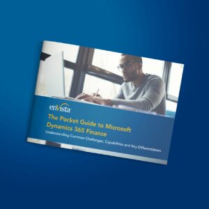 A booklet titled The Pocket Guide to Microsoft Dynamics 365 Finance with a subtitle about challenges, capabilities, and differentiators is shown. The cover features a man working on a laptop by a window.