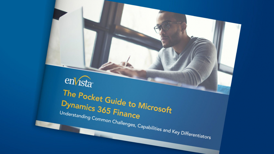 A booklet titled The Pocket Guide to Microsoft Dynamics 365 Finance with a subtitle about challenges, capabilities, and differentiators is shown. The cover features a man working on a laptop by a window.
