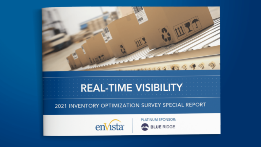 A booklet titled REAL-TIME VISIBILITY: 2021 Inventory Optimization Survey Special Report with images of cardboard boxes on a conveyor belt. Logos for enVista and Blue Ridge are displayed on the cover.