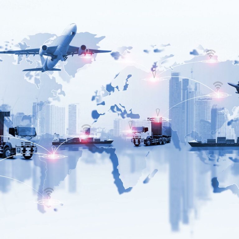 A world map overlaid with images of cargo ships, trucks, planes, and city skylines, connected by red network points, illustrating global logistics and supply chain network design.