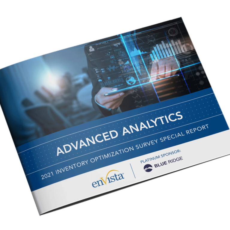 A brochure titled Advanced Analytics: 2021 Inventory Optimization Survey Special Report featuring digital charts and graphs, with logos for enVista and Blue Ridge on the cover.