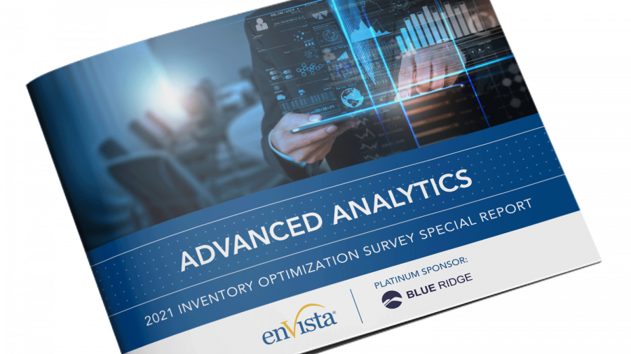 A brochure titled Advanced Analytics: 2021 Inventory Optimization Survey Special Report featuring digital charts and graphs, with logos for enVista and Blue Ridge on the cover.