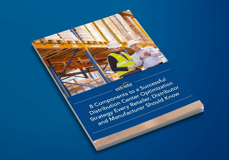 A booklet with a cover photo of two people in safety gear inspecting a construction site, titled 8 Components to a Successful Distribution Center Optimization Strategy Every Retailer, Distributor, and Manufacturer Should Know.