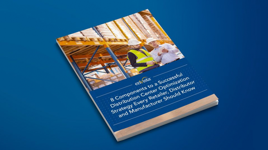 A booklet with a cover photo of two people in safety gear inspecting a construction site, titled 8 Components to a Successful Distribution Center Optimization Strategy Every Retailer, Distributor, and Manufacturer Should Know.