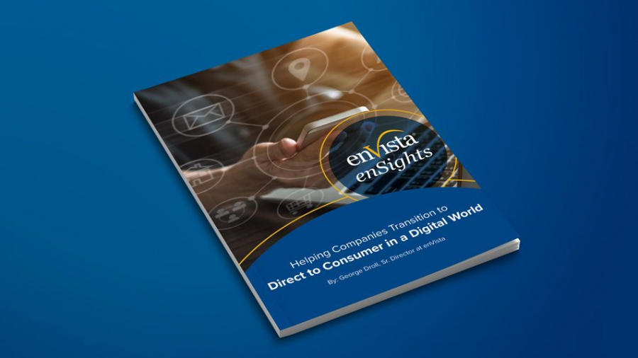 A brochure titled enVista enSights with a subtitle about helping companies transition to direct-to-consumer in a digital world, placed on a blue background. The cover shows a hand touching digital icons.