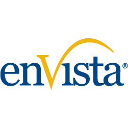 The image shows the enVista logo, with the letters in blue and a gold curved line arching over the letter V.