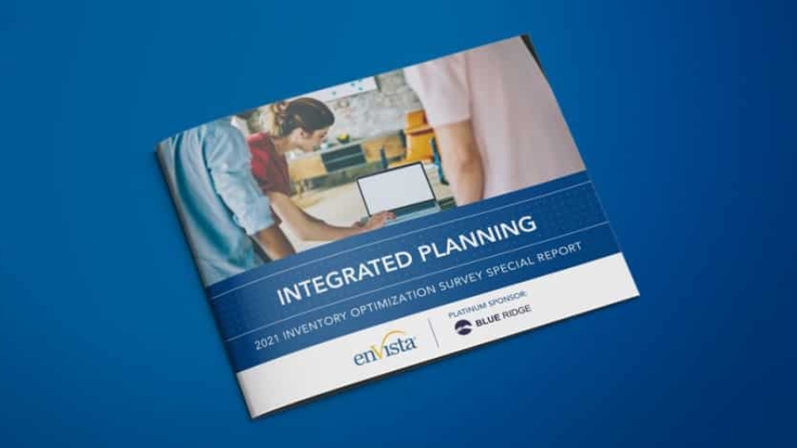 A booklet titled Integrated Planning: 2021 Inventory Optimization Survey Special Report lies on a blue surface, showing people working together on a laptop on the cover. Sponsors include enVista and Blue Ridge.