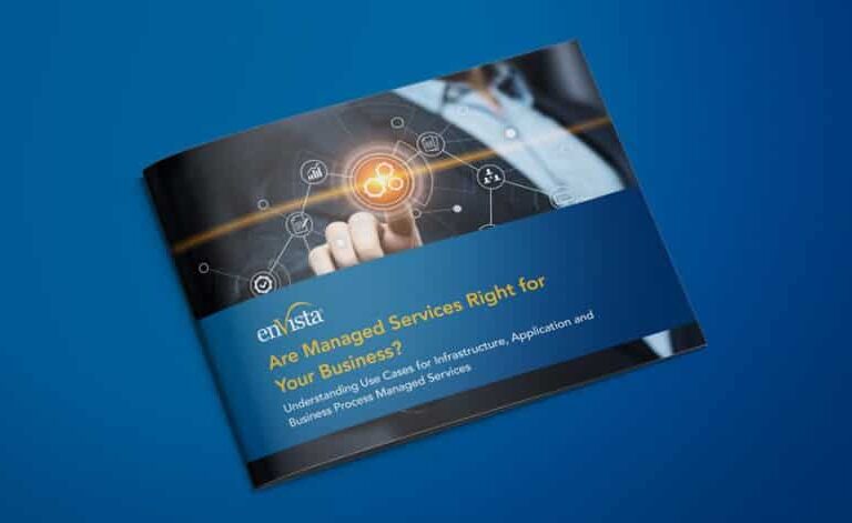 A brochure with a person touching a virtual network icon, titled Are Managed Services Right for Your Business? on a blue background. The brochure features enVista branding and technology-themed graphics.