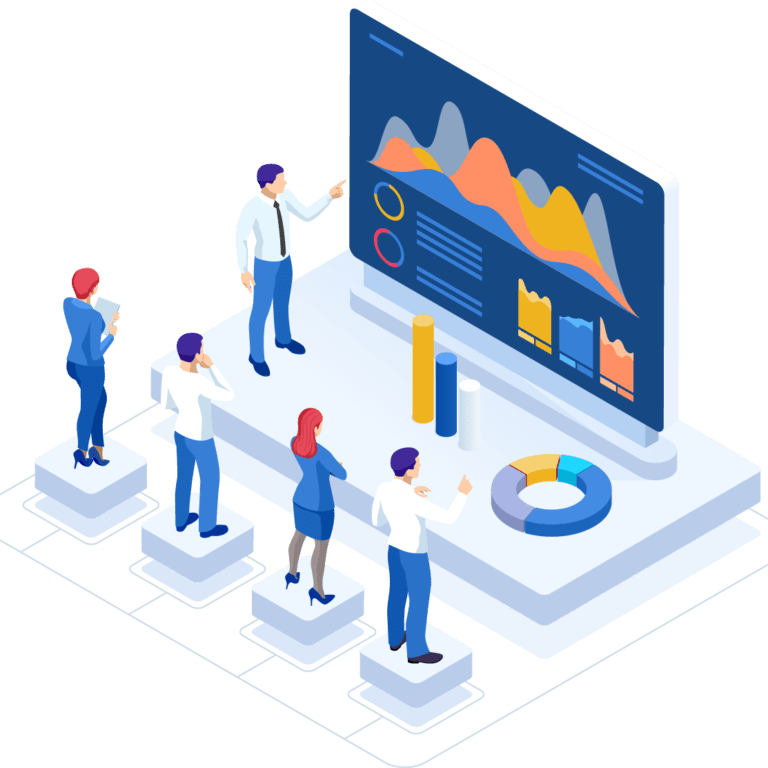 Five people in business attire stand and observe a large presentation screen displaying colorful graphs, charts, and data visualizations related to Business Continuity Solutions in an office setting.