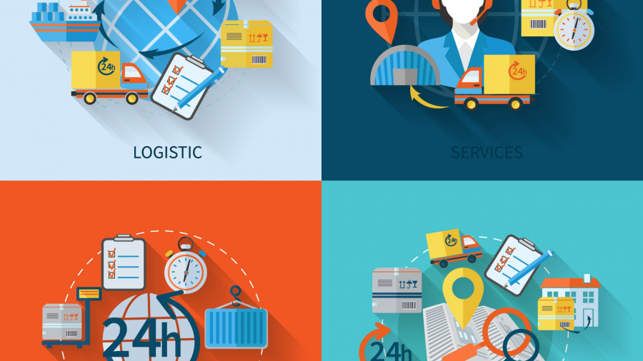 Four colorful square illustrations represent logistics, services, guaranteed quality, and delivery, featuring icons like trucks, clocks, a headset, location pins, planes, maps, checklists, and payment cards.