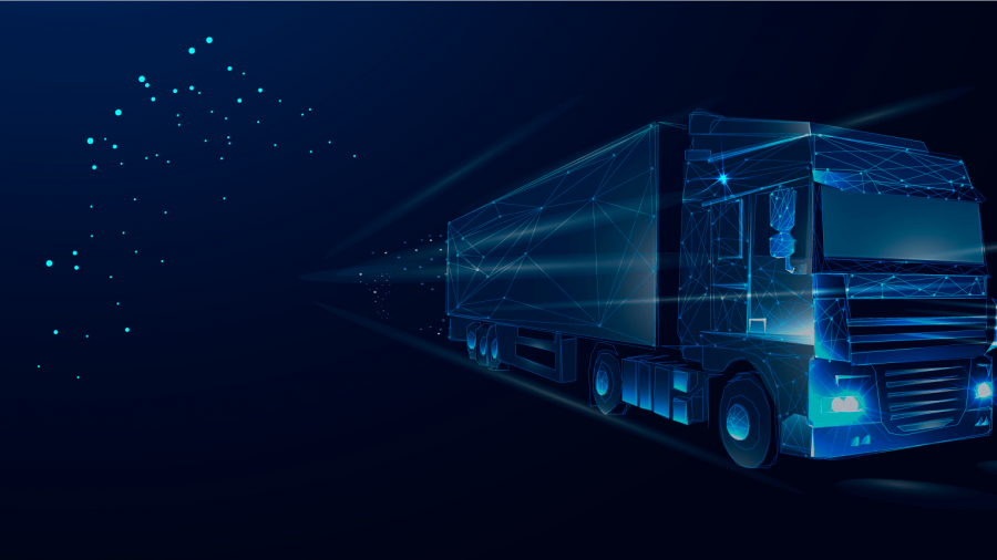 A futuristic, digital illustration of a semi-truck glowing with blue lines and geometric shapes, driving through a dark, starry background, representing advanced technology in transportation or logistics.