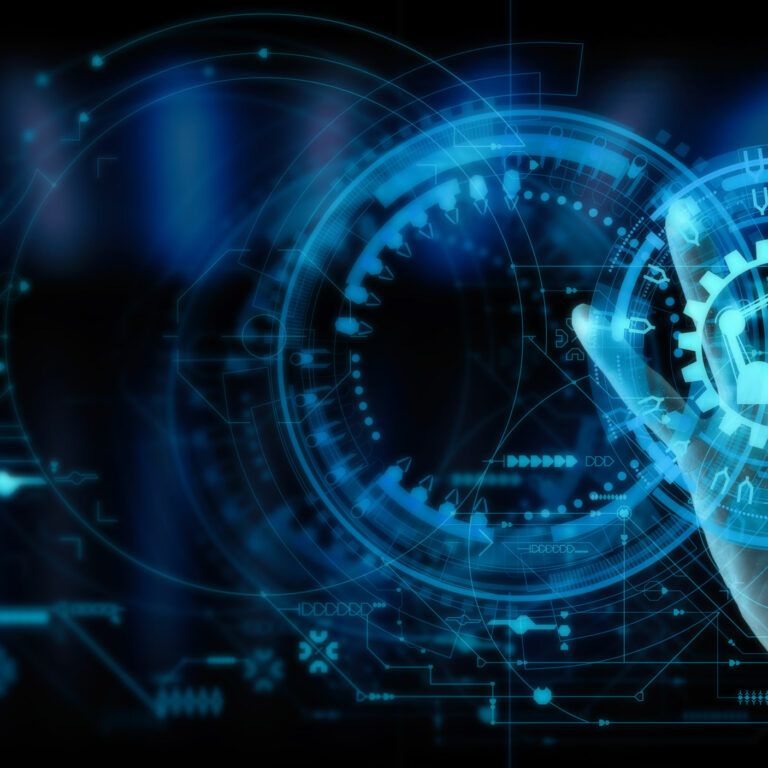 A hand reaches towards a glowing blue digital interface with gears, circuit patterns, and cyber security symbols, representing technology, innovation, data security, and advanced distribution center automation.