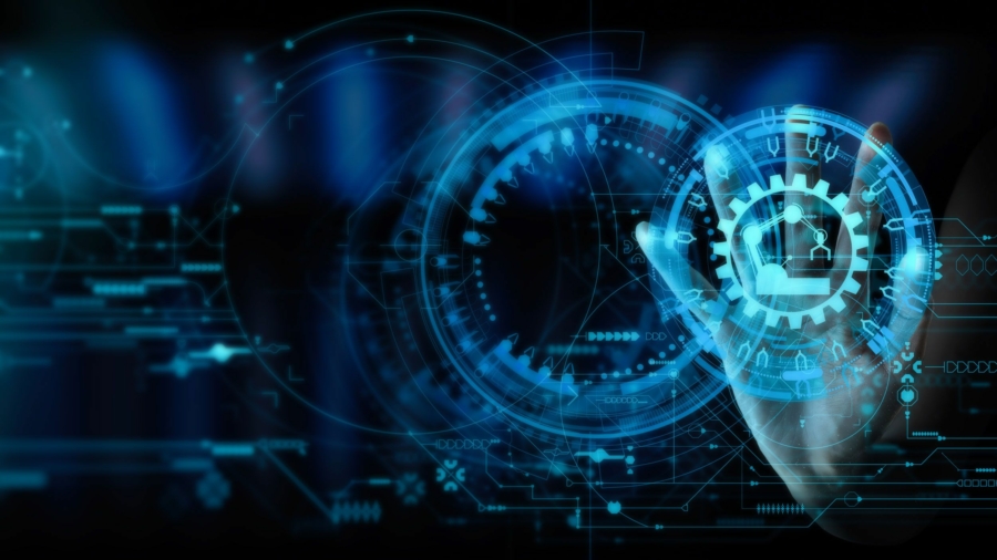 A hand reaches towards a glowing blue digital interface with gears, circuit patterns, and cyber security symbols, representing technology, innovation, data security, and advanced distribution center automation.