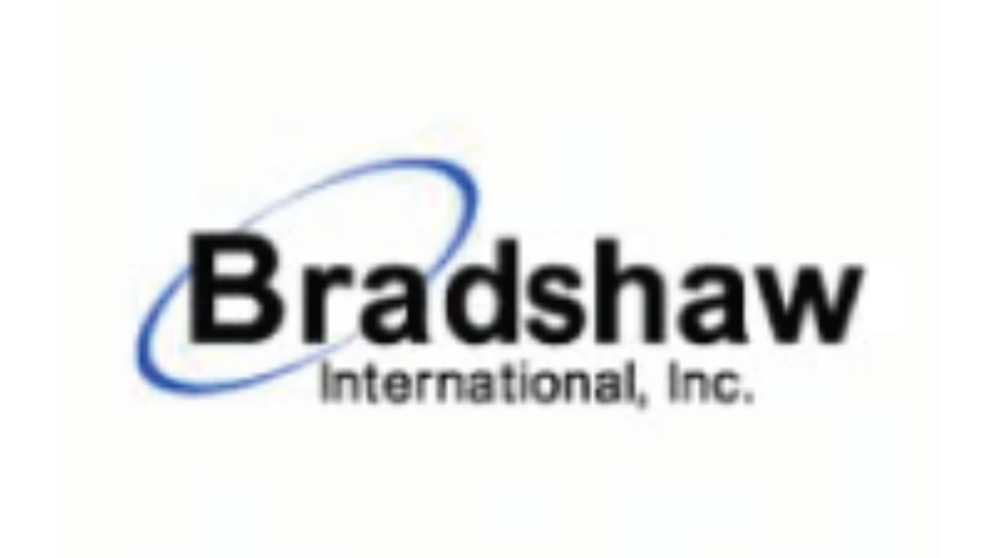 The Bradshaw International, Inc. logo features “Bradshaw” in bold black letters with a blue swoosh circling the B, above the smaller text “International, Inc.” on a white background.