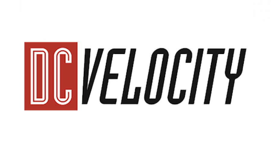 Logo for DC Velocity. The letters DC are in white on a red square background, and the word VELOCITY is in bold, black, slanted capital letters on a light gray background.
