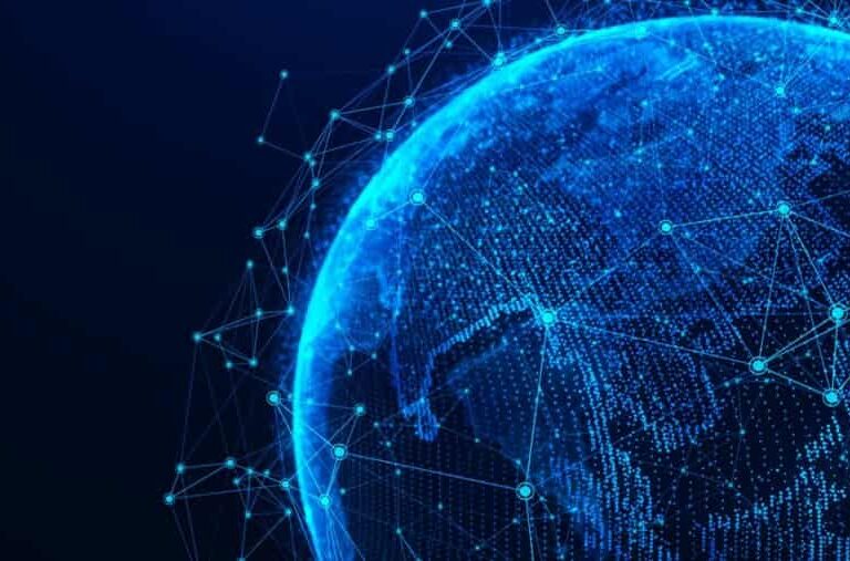 A digital rendering of Earth with glowing blue lines and dots, representing a global network or digital connections, set against a dark background.
