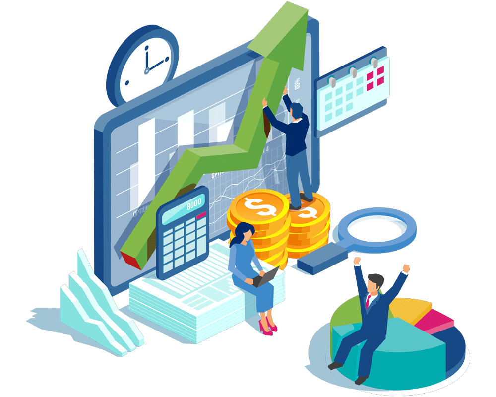Illustration of people analyzing business growth; one points at an upward graph on a large screen, another sits on documents with a laptop. Large coins, clock, calculator, calendar, pie chart, and pricing promotion elements are also shown.
