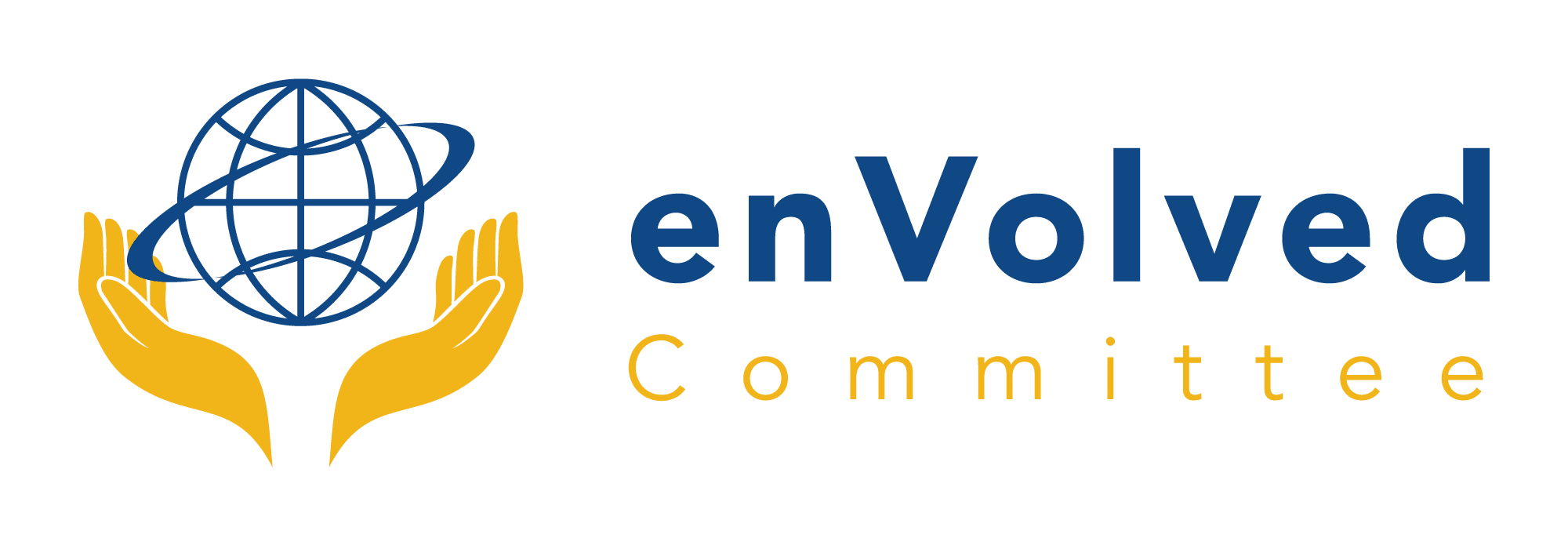 Logo with two yellow hands holding a blue globe with a ring, symbolizing community impact, next to the text enVolved Committee where enVolved is in bold blue and Committee is in light yellow.