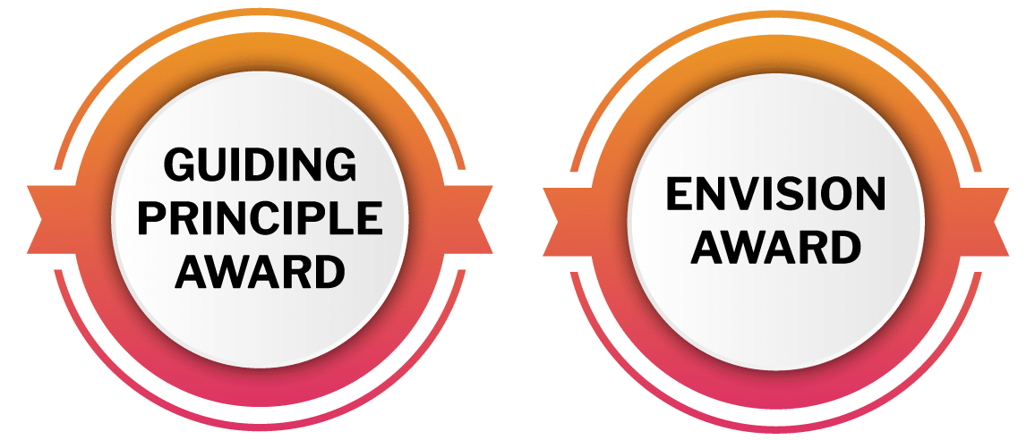 Two circular award badges with orange and pink gradients. The left badge reads “Guiding Principle Award” and the right badge reads “Envision Award.” Both feature a ribbon design, celebrating outstanding associate achievements.