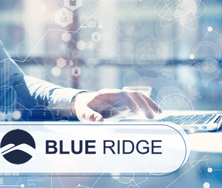 A person’s hand using a laptop with digital data graphics overlaid. In the foreground, a logo with a blue mountain icon and the words Blue Ridge is displayed. The scene conveys technology and business concepts.