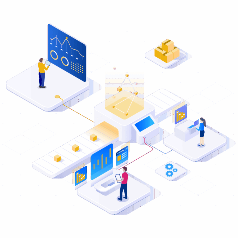 An isometric illustration of three people analyzing data on charts, using computers and interacting with floating digital interfaces and boxes, symbolizing data analytics, dropshipping software, business, and technology processes.