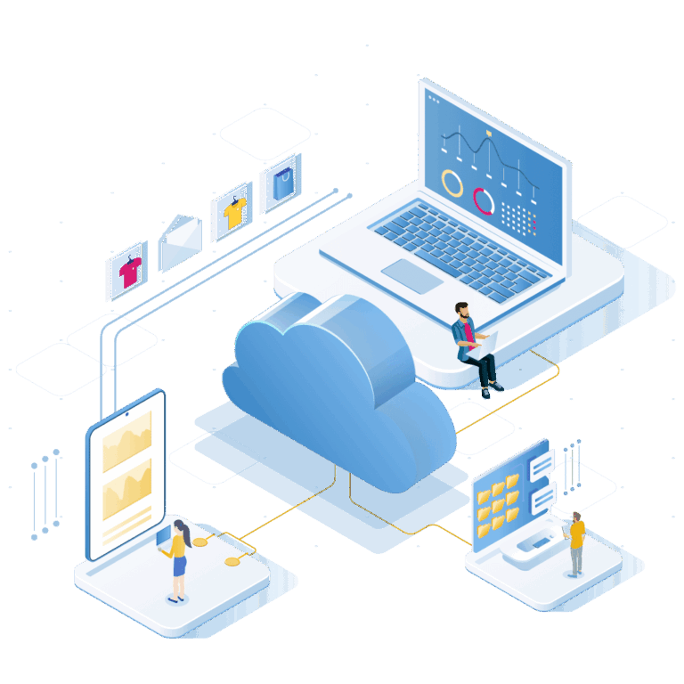 Isometric illustration of people interacting with cloud computing technology and edi solutions, featuring a laptop with graphs, a smartphone with charts, a cloud icon, and various connected devices and data files.