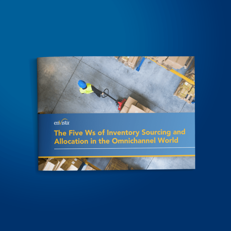 A booklet with the title The Five Ws of Inventory Sourcing and Allocation in the Omnichannel World featuring an overhead view of a warehouse worker moving boxes with a pallet jack.