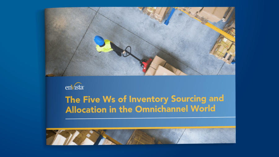 A booklet with the title The Five Ws of Inventory Sourcing and Allocation in the Omnichannel World featuring an overhead view of a warehouse worker moving boxes with a pallet jack.
