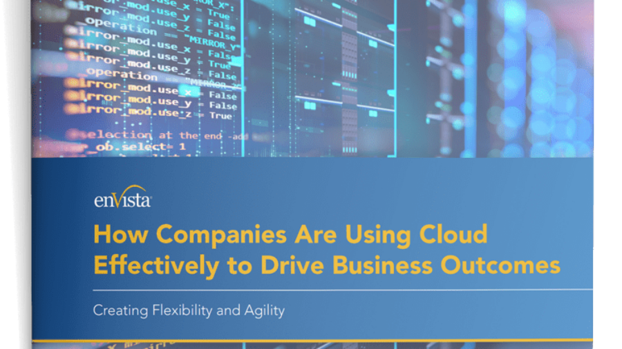 A booklet titled How Companies Are Using Cloud Effectively to Drive Business Outcomes by enVista, with code and server images in the background and a subtitle, Creating Flexibility and Agility.