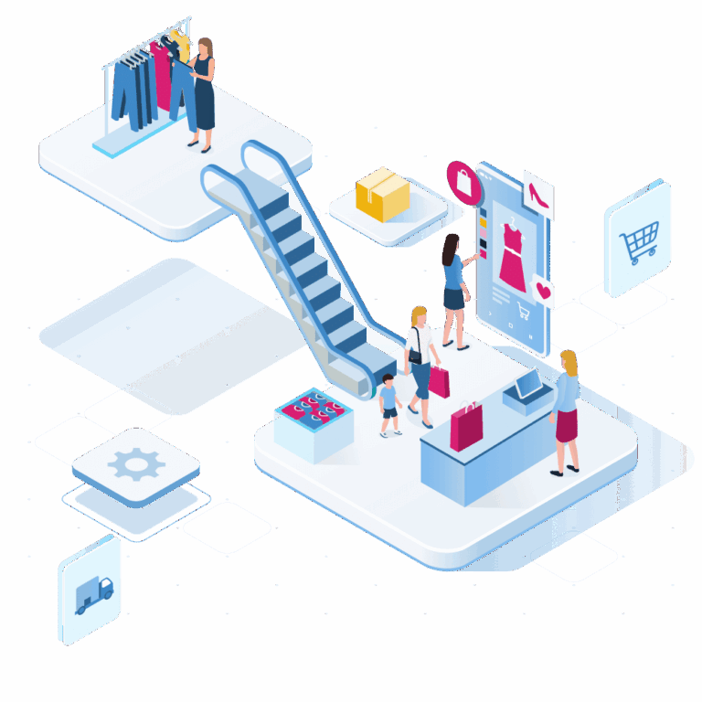 Isometric illustration of women and children shopping; one browses clothes on a rack, others use an escalator, buy items at a counter, and interact with a giant BOPIS Software interface. Shopping icons and packages surround them.