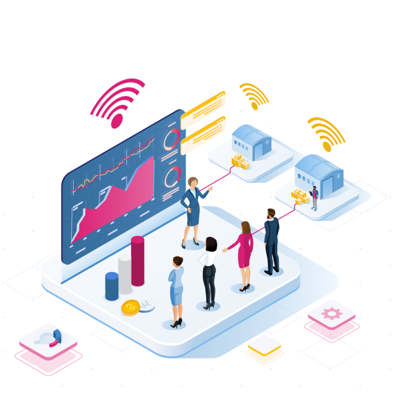 Illustration of businesspeople analyzing charts on a large digital screen, with graphs and data visuals. Two buildings connect to the team via wireless signals, symbolizing network connectivity and seamless merchandise planning solutions.