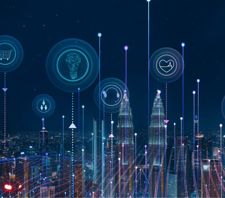 A futuristic cityscape at night with digital icons, such as shopping cart, brain, heart, and gears, hovering above buildings, representing smart technology and interconnected networks.