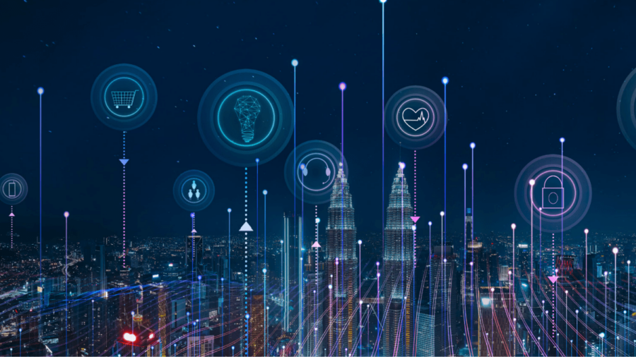 A futuristic cityscape at night with digital icons, such as shopping cart, brain, heart, and gears, hovering above buildings, representing smart technology and interconnected networks.